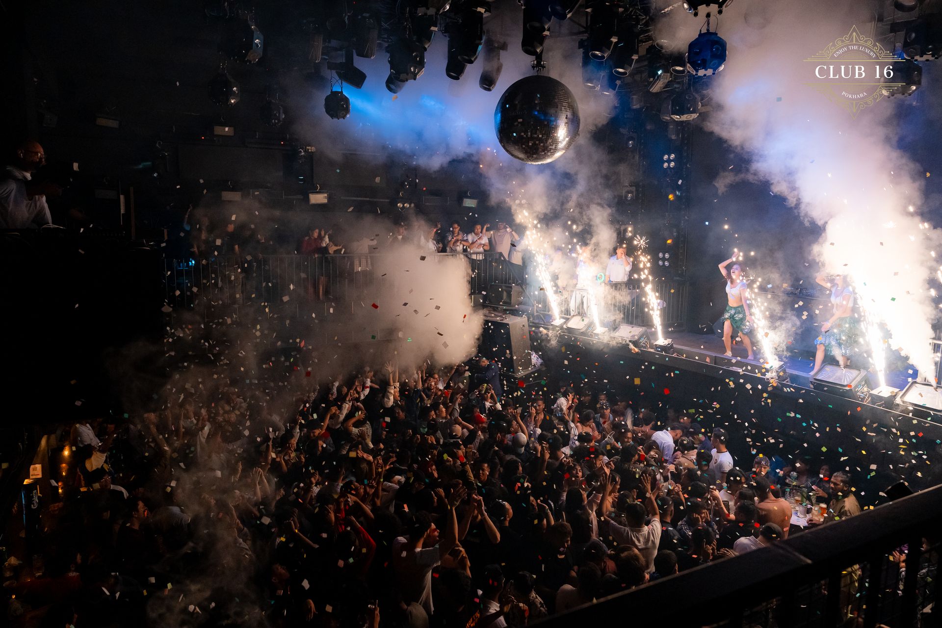 Confetti raining over the crowd