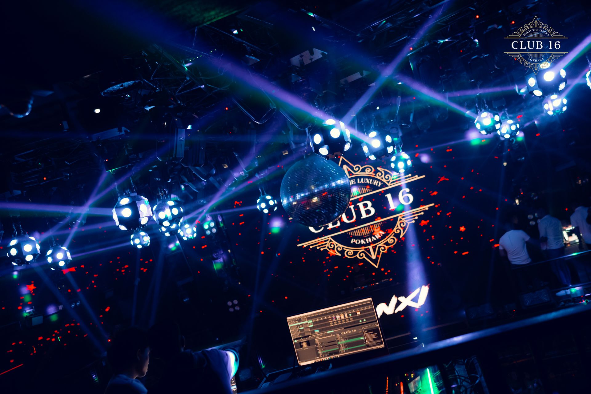 Blue lasers and disco ball